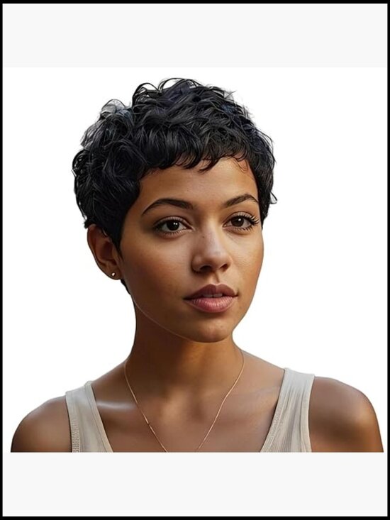 Short Pixie Wig Natural Black Synthetic Hair with Bangs Glueless Tangle-Free
